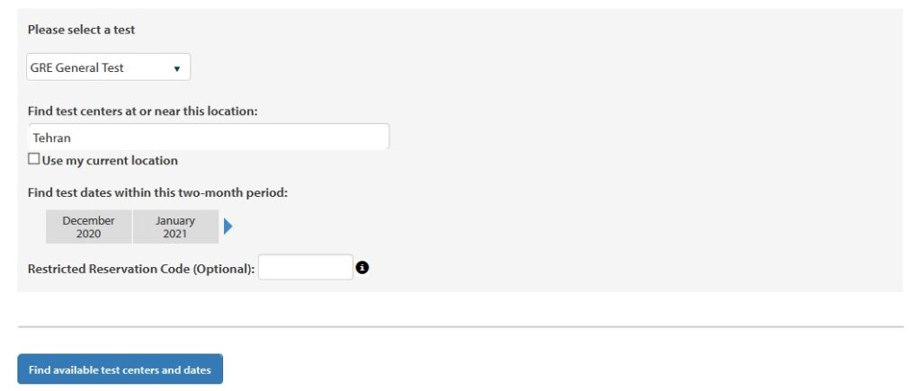 ثبتنام آزمون GRE: آموزش گام به گام نحوه ثبتنام آزمون GRE 4 مرکز آزمون و تاریخ آزمون را انتخاب بکنید