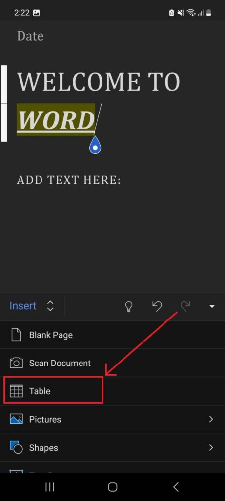 آموزش ورد اندروید 7 اضافه کردن جدول