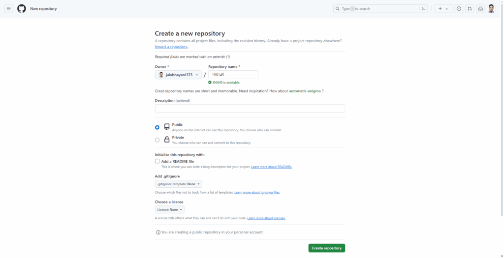 آموزش آپلود فایل در گیت هاب در چند گام ساده (آموزش تصویری) 6 مجاز بودن یک نام برای ریپازیتوری و نمایش تیک سبز