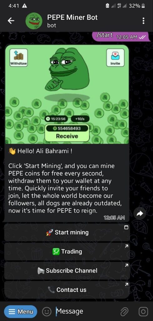 PEPE Miner Bot چیست؟ درآمد روزانه با ارز لیست شده پپه 3 آموزش کار با بات pepe miner bot