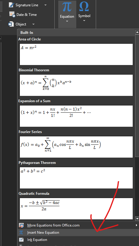 4. ایجاد فرمول جدید (Insert New Equation):