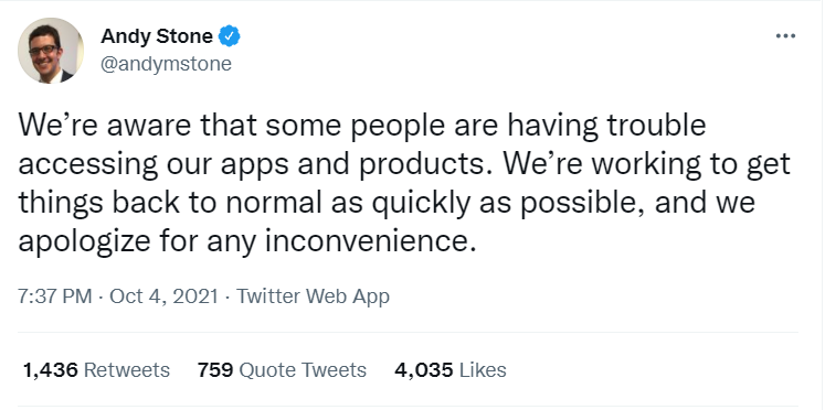 اختلال در اینستاگرام، واتسپ و سایر اپلیکیشنهای فیسبوک 1 توییت اندی استون مدیر ارتباطات فیس بوک