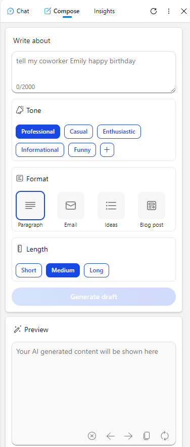 ابزار Bing Compose برای نوشتن متن