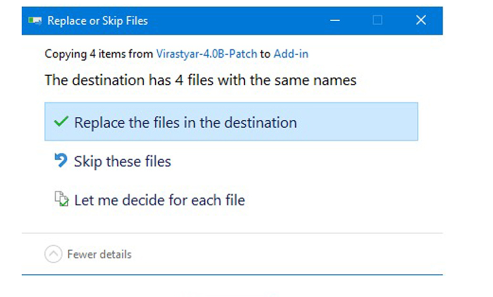 گزینه Replace the files in the destination