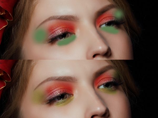 A person with red and green eyeshadow Description automatically generated