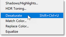 Choosing the Desaturate command from Photoshop's Image Adjustments menu