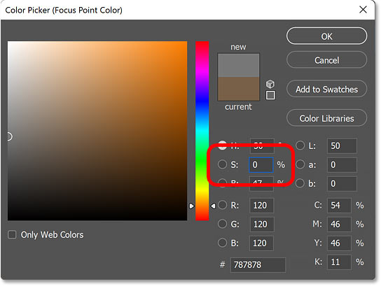 انتخاب رنگ خاکستری با کاهش Saturation به 0 در Color Picker فتوشاپ.