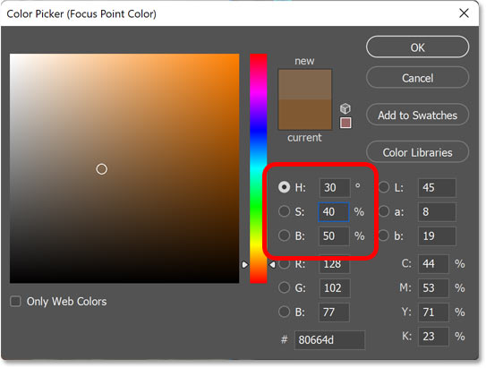 کاهش اشباع رنگ در انتخابگر رنگ فتوشاپ.