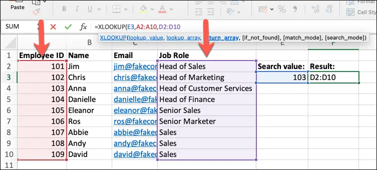 تعیین مجموعه داده با استفاده از lookup_array و return_array