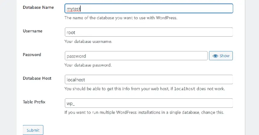 آموزش نصب وردپرس روی لوکال هاست (گامبهگام و تصویری) 10 واردکردن نام کاربری، Password و آدرس ایمیل معتبر