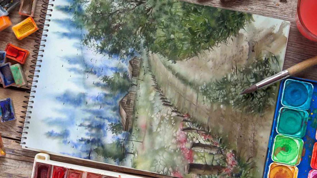 عکس دوره آموزش رایگان نقاشی منظره‌ی روستایی، با تکنیک آبرنگ